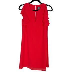 Vince Camuto Size 2 Red Ruffled Sheath Dress VNeck Cut Out Keyhole Back Cocktail